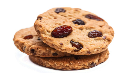 Three cookies stacked on top of each other with raisins on top. The cookies are brown and look delicious