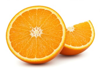 Fototapeta premium A vibrant image showcasing a halved orange and a slice on a clean white background creating contrast