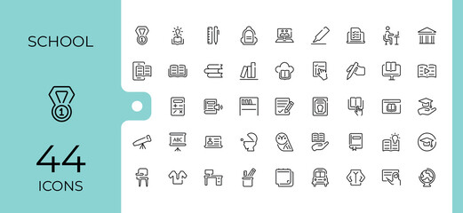 Study And School simple icon set. Includes thin line education, learn, study, book, vector, student and more. Outline icons collection. Set linear icon. Art and illustration.