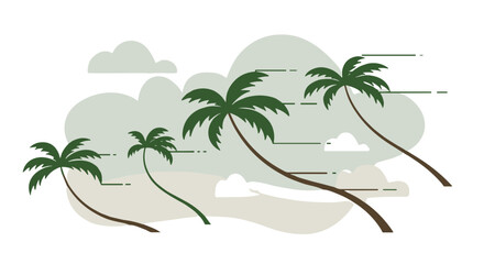 Fototapeta premium Minimalist vector design of bending palm trees against a soft background with clouds.