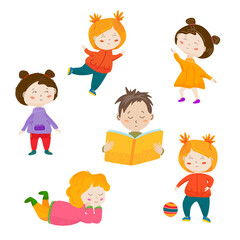 Children engaged in various activities such as reading, playing, and dancing. Cute set of illustration of kids