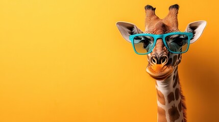 A charming giraffe wearing oversized blue glasses against a vibrant yellow background, showcasing a playful and whimsical expression that attracts immediate attention.
