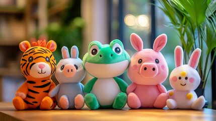 Fototapeta premium Plush toys, funny soft frog, horse, tiger with bunny and pig. Cute animals, stuffed dolls for child playing, furry creatures with kawai face and big eyes, isolated Cartoon vector illustration, set