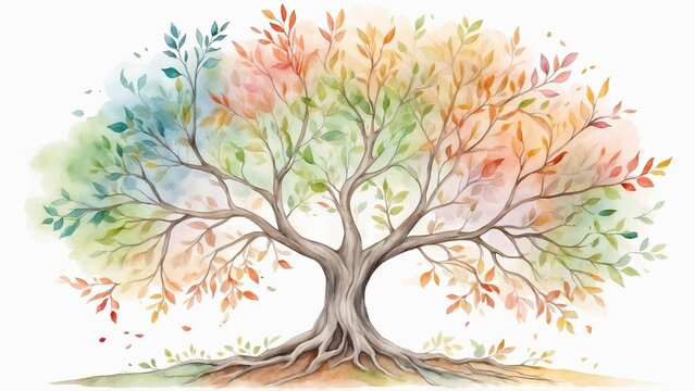 Family tree illustration, vibrant mood, watercolor artwork, colorful leaves and roots, heritage representation