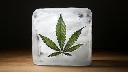 Frozen cannabis leaf encased in ice cube