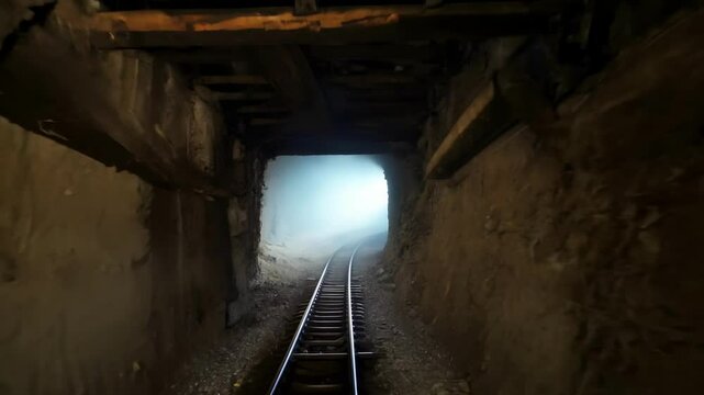 Abandoned mine shaft tunnel with wooden ceiling and rail tracks leading into light. concept of industrial history, underground exploration, mysterious depths, coal mine