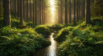 A sunlit forest scene with a stream flowing through mossy rocks and tall trees creating a peaceful view