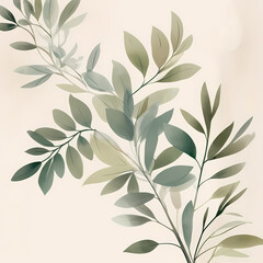 Fototapeta premium Green watercolor leaves on thin branches on a beige background