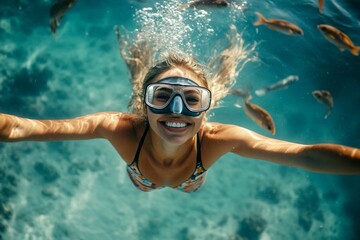 Naklejka premium Bright commercial style image. Many tropical fish swim next to her. A stunning and sexy happy middle eastern young woman with blond hair in a swimming mask and fins snorkeling among the corals.