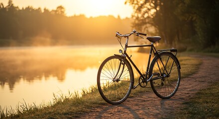 Obraz premium Vintage Bicycle by Lakeside at Sunrise with Foggy Water and Trees