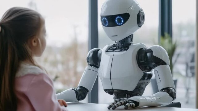 A child is having a captivating conversation with a humanoid robot in a contemporary educational space designed for learning and exploration
