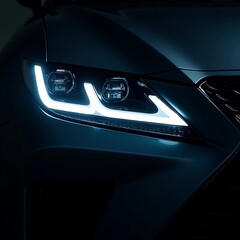 Fototapeta premium Modern LED Car Headlight Close-Up at Night: Crisp White Glow & Stunning Reflections on Glossy Body