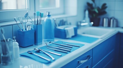 Dental clinic ambiance featuring an array of meticulously arranged instruments