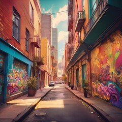 Fototapeta premium Comic cartoon urban street scene with diverse architectural styles