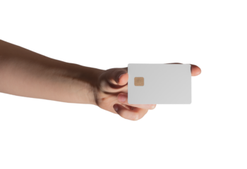 A person holding a blank credit or debit card in a closeup presentation. Concept of modern cashless payment, financial business, and promotion. Card with chip, sunlight, and shadows. Horizontal layout