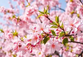 Naklejka premium Pink and white sakura blossoms in full bloom on a spring day, nature, graphic