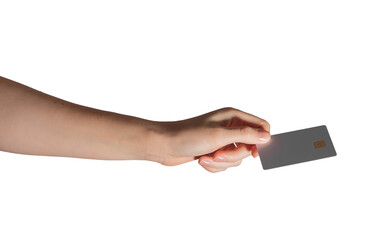 A woman holding a blank golden credit or debit card at a tilted angle. Abstract design showcasing modern cashless payment concept, with space for name and ID. Gray background, isolated on white..