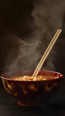 Delicious Asian Noodle Bowl: Steaming Warm Comfort Food with Spicy Herbs and Wooden Chopsticks