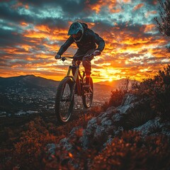 Naklejka premium Mountain biker performs aerial stunt against a vibrant sunset landscape
