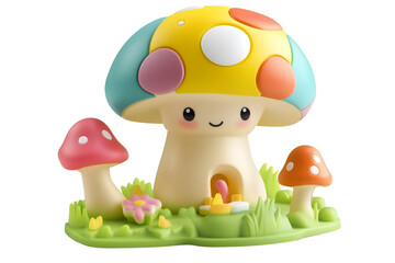 Fototapeta premium toy mushroom house on grass decorations isolated png transparent cutout