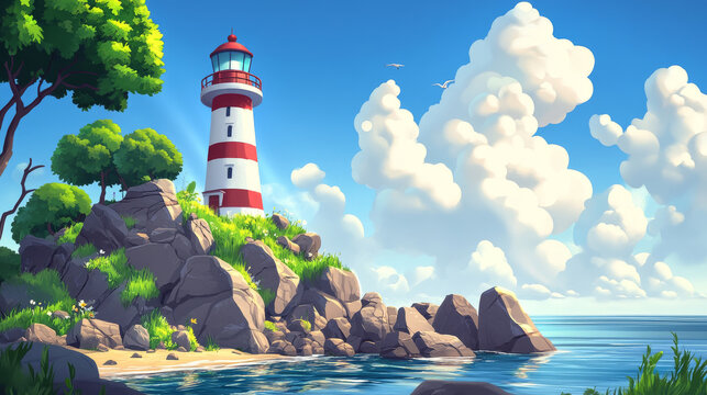 Lighthouse on rock cliff on sea coast. Vector parallax background for 2d animation with cartoon illustration of summer landscape of ocean shore with beacon, nautical navigation tower