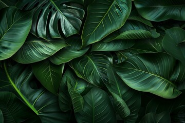 Overlapping green tropical leaves showcasing natural plant details in close up