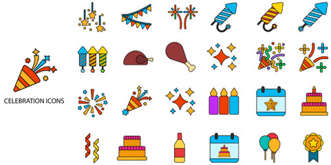 Celebration simple concept 24 color icons set. Contains such social event, birthday, celebration .Vector illustration.