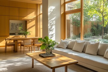 Modern minimalist living area with natural light and garden views