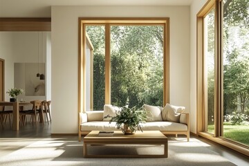 Modern, light-filled living room with expansive windows