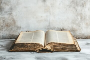 Ancient, large book open on a textured surface, showing aged pages and a weathered cover.
