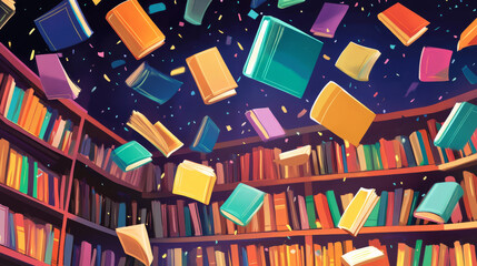 Books festival cartoon banner, glowing bestsellers flying over bookshelf. Fest event in bookstore or library. Closed and open volumes with colorful paperback floating in air vector web banner