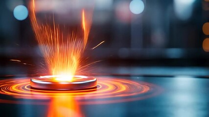 Vibrant sparks emanating from a metallic disc on a dark surface, showcasing dynamic energy - Powered by Adobe