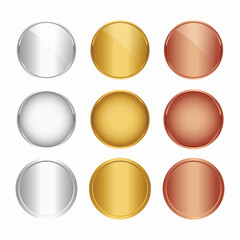 Set of Gold Silver and Bronze Awards, Blank Medals Realistic Illustration