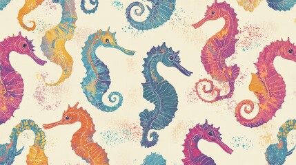 Obraz premium Watercolor illustration featuring a seamless pattern of colorful seahorses on a light cream background