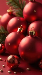 Matte red and gold baubles with subtle texture, close-up view , red, christmas