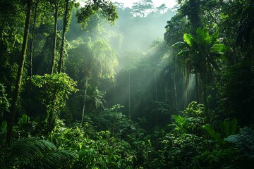 Fototapeta premium Sunlit rays illuminate a dense and lush green tropical rainforest