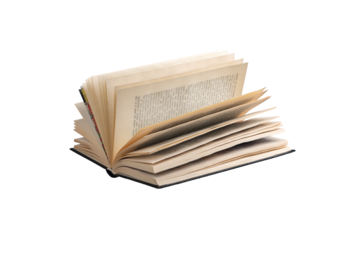 Book open, flipping pages. Aged, worn hardcover on white background, cataloging historical information. Textbook, dictionary, educational knowledge, study, literature. Retro perspective on wisdom and.