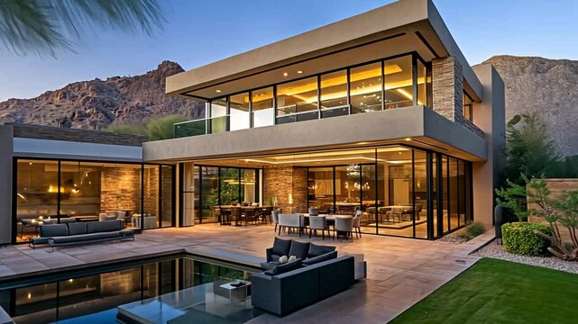 Stunning Modern Villa with Pool and Mountain View at Dusk in Scottsdale, Arizona