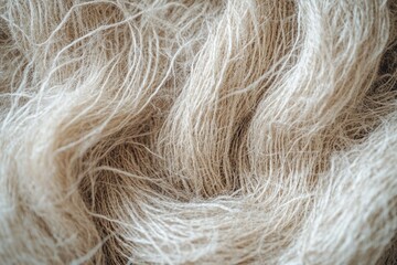 Fototapeta premium Close-up view of a beige, fluffy, textured yarn or fiber, showcasing its softness and intricate details.