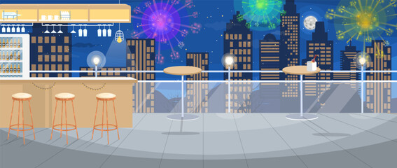 A vibrant rooftop bar showcases a stunning city skyline illuminated by colorful fireworks at night. Guests can enjoy drinks while surrounded by festive decorations and lights.