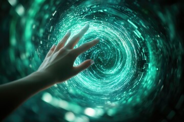 A hand reaches into a swirling, teal vortex of light and data, suggesting digital interaction or a futuristic portal.