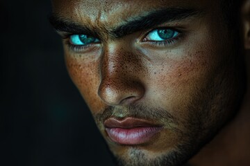 Obraz premium Close-up portrait of a man with intense green eyes and freckled skin, showcasing his strong gaze and facial features.