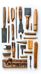 Set of Carpenter Tools on White Background Top View..