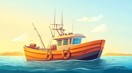Fototapeta premium Fish trawler boat in sea vector marine background. Commercial fishery ship with lifebuoy in ocean water cartoon vector illustration. Adventure game for catching fish, day and night, morning and sunset
