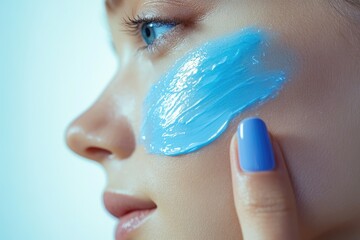 Woman applying a light blue face mask, showcasing skincare routine and beauty.
