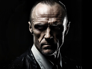 Fototapeta premium Haunting cinematic close-up, suspect’s piercing stare captured in a black-and-white mugshot, strong directional lighting, psychopath profile