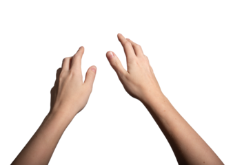 Both hands outstretched with fingers spread wide, reaching forward in an open grasping gesture. Symbolizing action, capture, or touch. Isolated on white background..