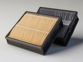  Two square air filters side by side, one clean, one dirty, illustrating performance and maintenance difference in filtration systems.