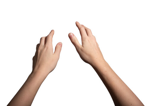 Both hands outstretched with fingers spread wide, reaching forward in an open grasping gesture. Symbolizing action, capture, or touch. Isolated on white background..