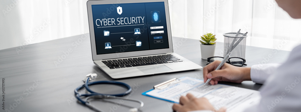 Poster cyber security system on computer screen protect private information brisk from hacker and cyber att